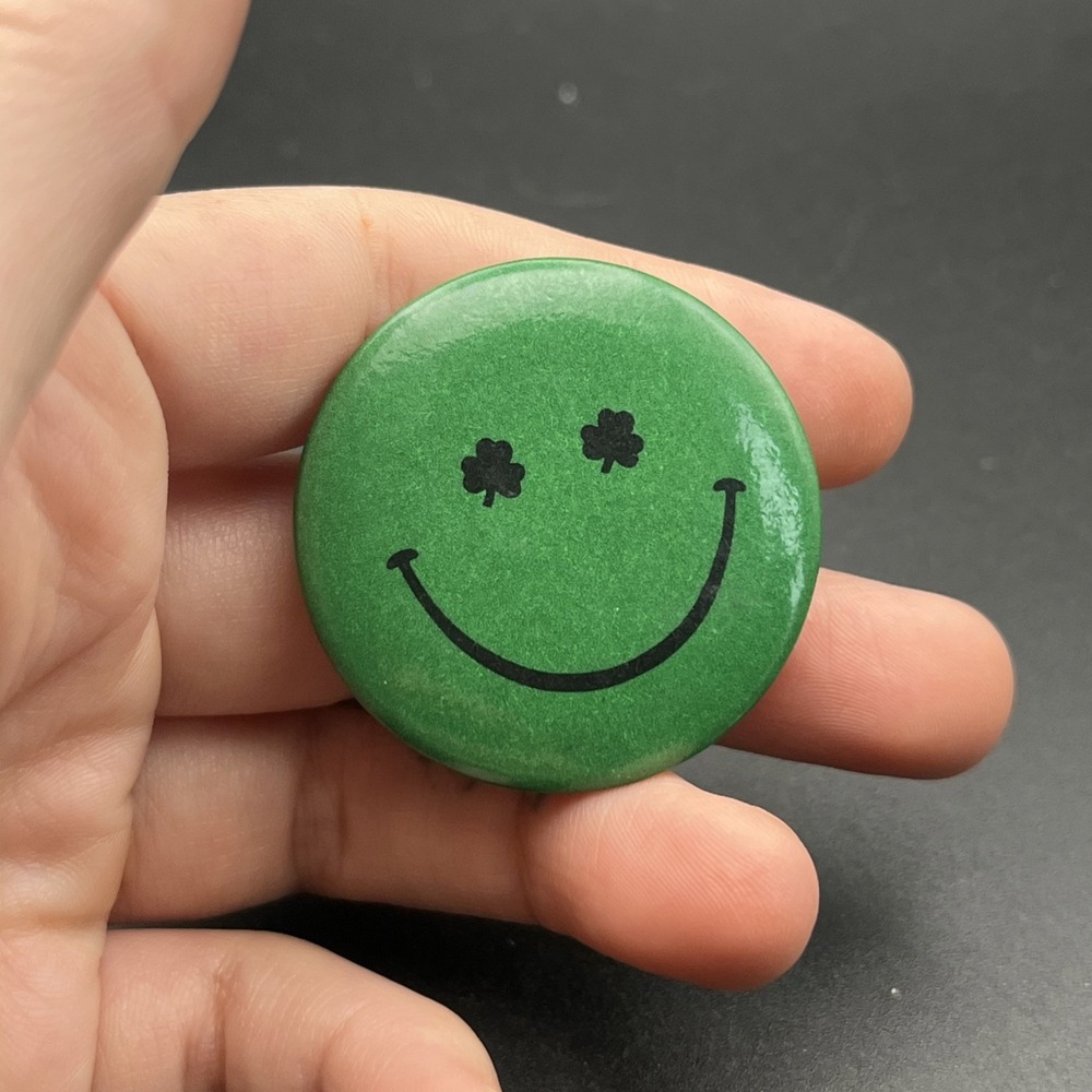 Shamrock Four Leaf Clover Smiley Face Button Pin